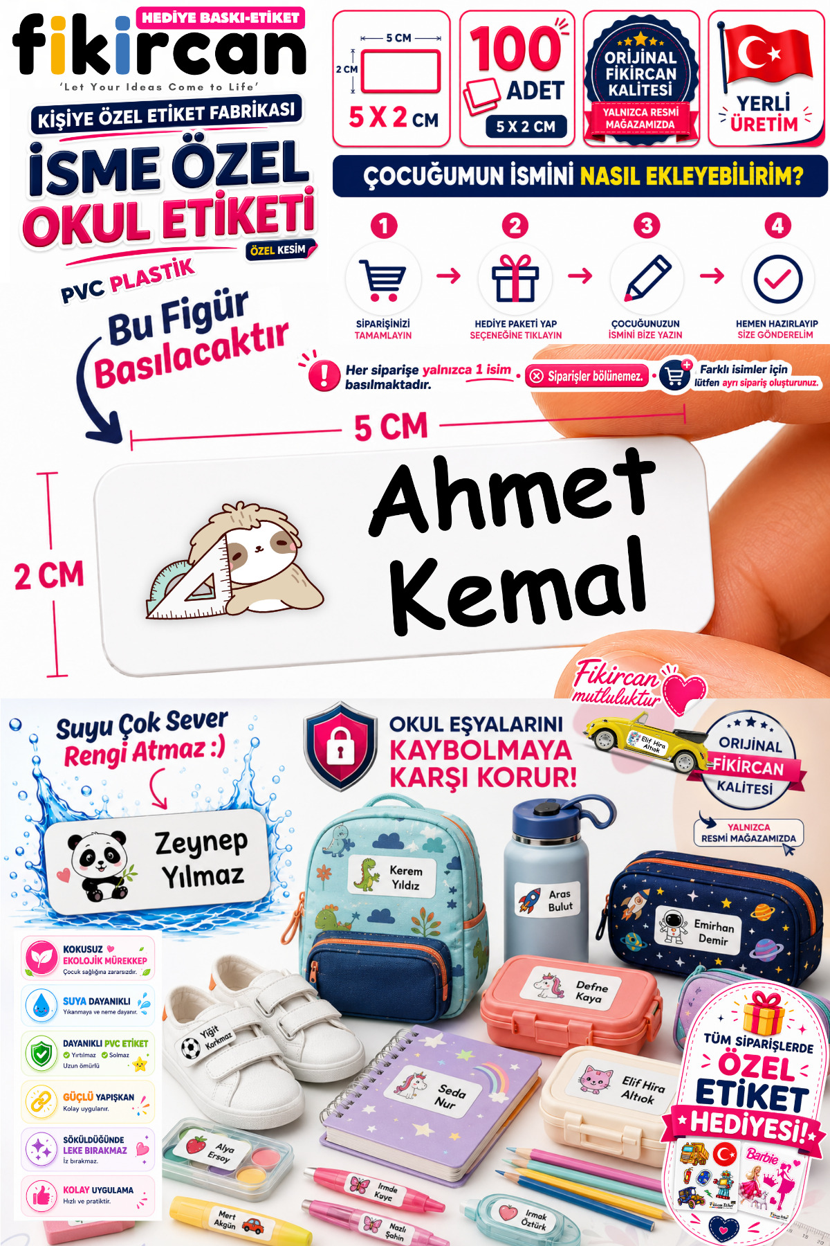 İsme Özel Okul Etiketi - 100 Adet - 5 x 2 cm - PVC Etiket - FİGÜR 94