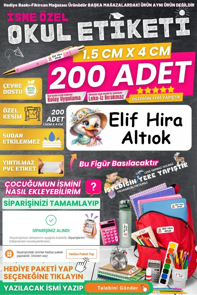 Fikircan-İsme Özel Okul Etiketi-SEVİMLİ ÖRDEK 200 Adet - Kokusuz Ekolojik Mürekkep PVC ETİKET — fotoğraf 1