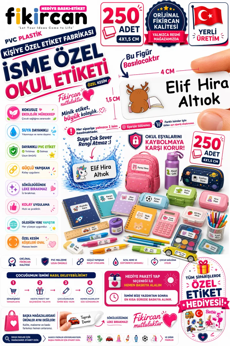 İsme Özel Okul Etiketi - 250 Adet - 1.5 x 4 cm - PVC Etiket - FİGÜR 91