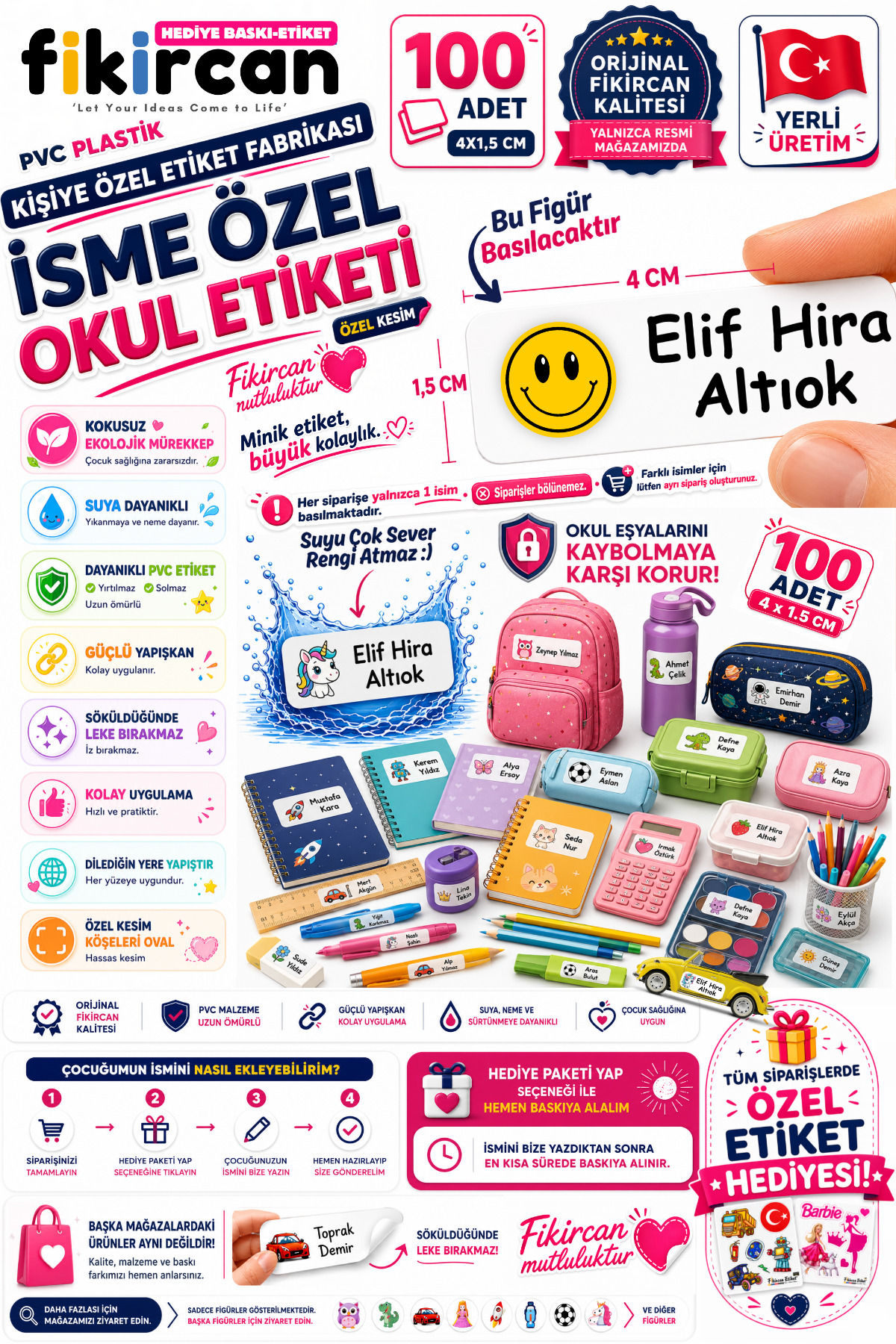 İsme Özel Okul Etiketi - 100 Adet - 1.5 x 4 cm - PVC Etiket - FİGÜR 30