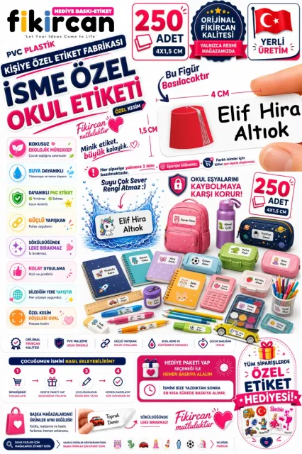 İsme Özel Okul Etiketi - 250 Adet - 1.5 x 4 cm - PVC Etiket - FİGÜR 135