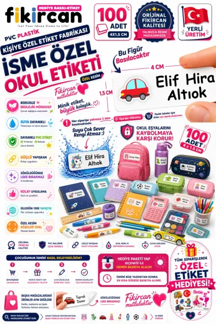 İsme Özel Okul Etiketi - 100 Adet - 1.5 x 4 cm - PVC Etiket - FİGÜR 79