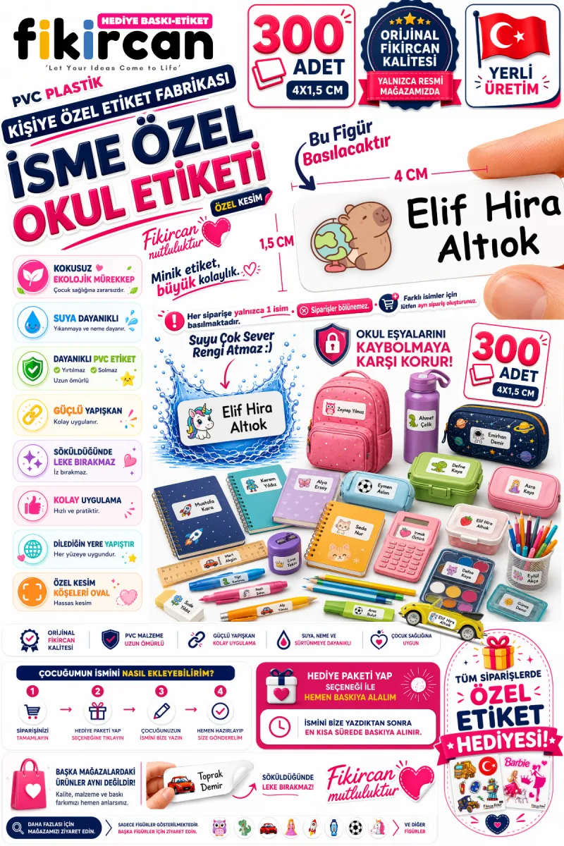 İsme Özel Okul Etiketi - 300 Adet - 1.5 x 4 cm - PVC Etiket - FİGÜR 49