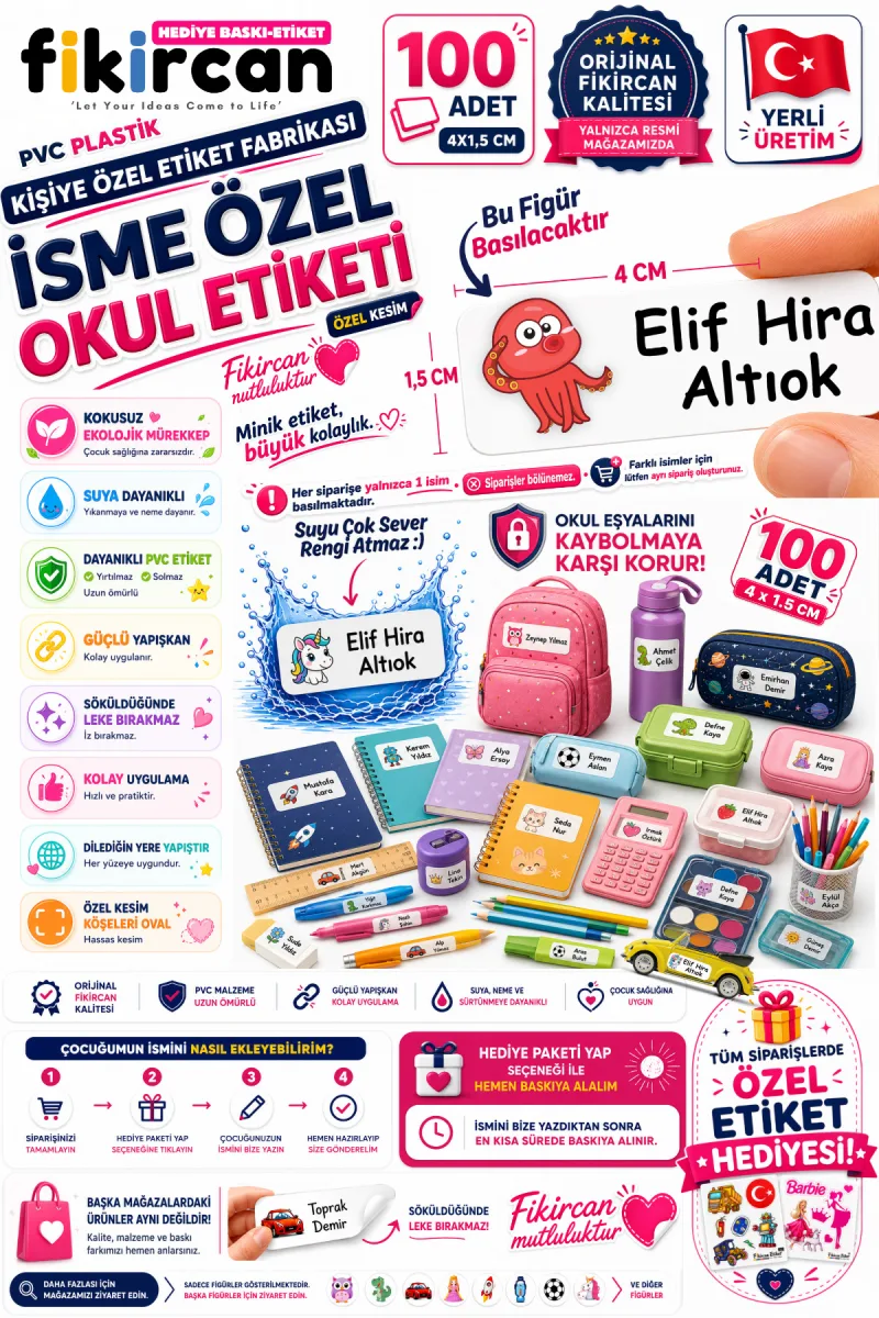 İsme Özel Okul Etiketi - 100 Adet - 1.5 x 4 cm - PVC Etiket - FİGÜR 121