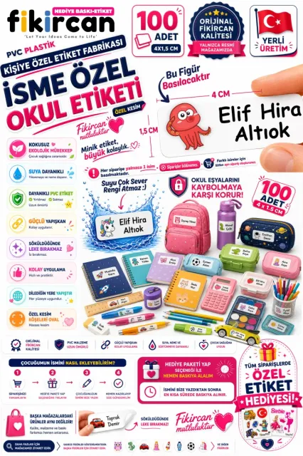 İsme Özel Okul Etiketi - 100 Adet - 1.5 x 4 cm - PVC Etiket - FİGÜR 121