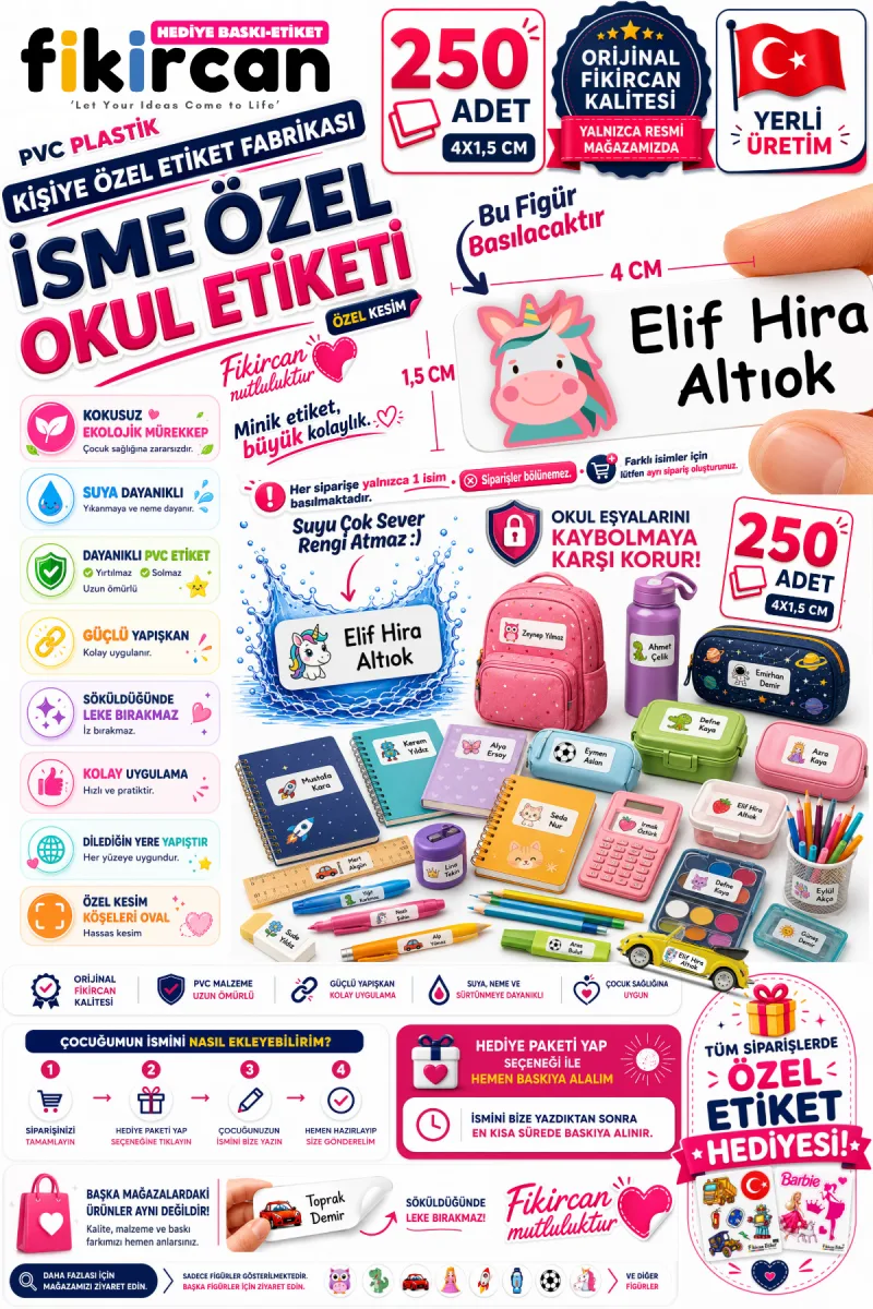 İsme Özel Okul Etiketi - 250 Adet - 1.5 x 4 cm - PVC Etiket - FİGÜR 36