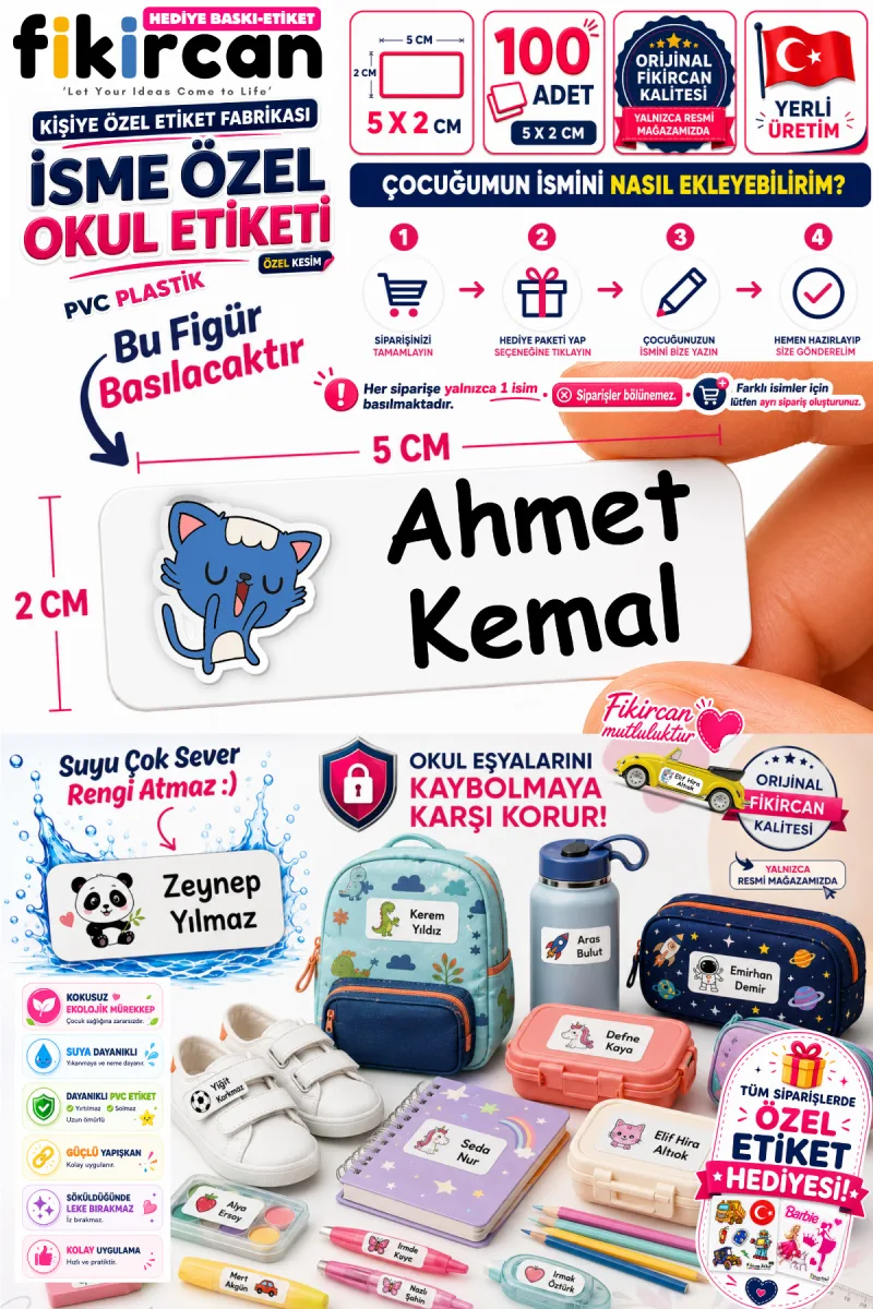 İsme Özel Okul Etiketi - 100 Adet - 5 x 2 cm - PVC Etiket - FİGÜR 39