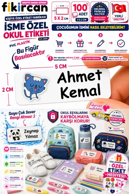 İsme Özel Okul Etiketi - 100 Adet - 5 x 2 cm - PVC Etiket - FİGÜR 39