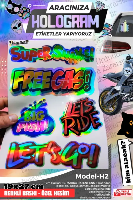 Fikircan-Hologram Etiket- Araba ve Motorsiklet Cam ve Kaporta Uyumlu Renkli Baskı Özel Kesim Sticker