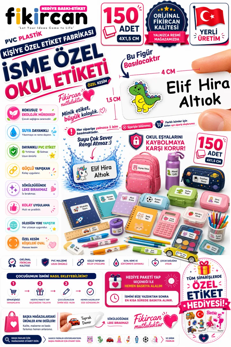 İsme Özel Okul Etiketi - 150 Adet - 1.5 x 4 cm - PVC Etiket - FİGÜR 1