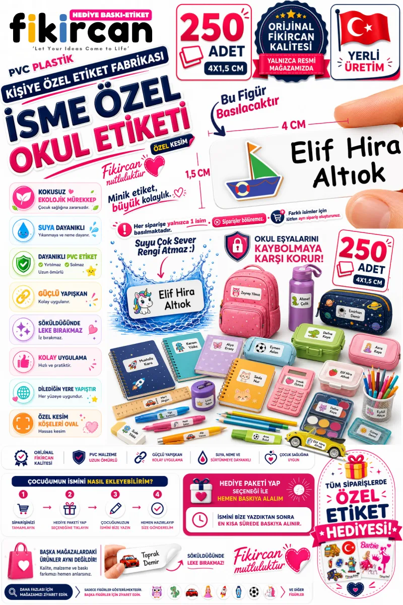 İsme Özel Okul Etiketi - 250 Adet - 1.5 x 4 cm - PVC Etiket - FİGÜR 125