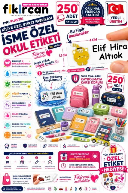 İsme Özel Okul Etiketi - 250 Adet - 1.5 x 4 cm - PVC Etiket - FİGÜR 95