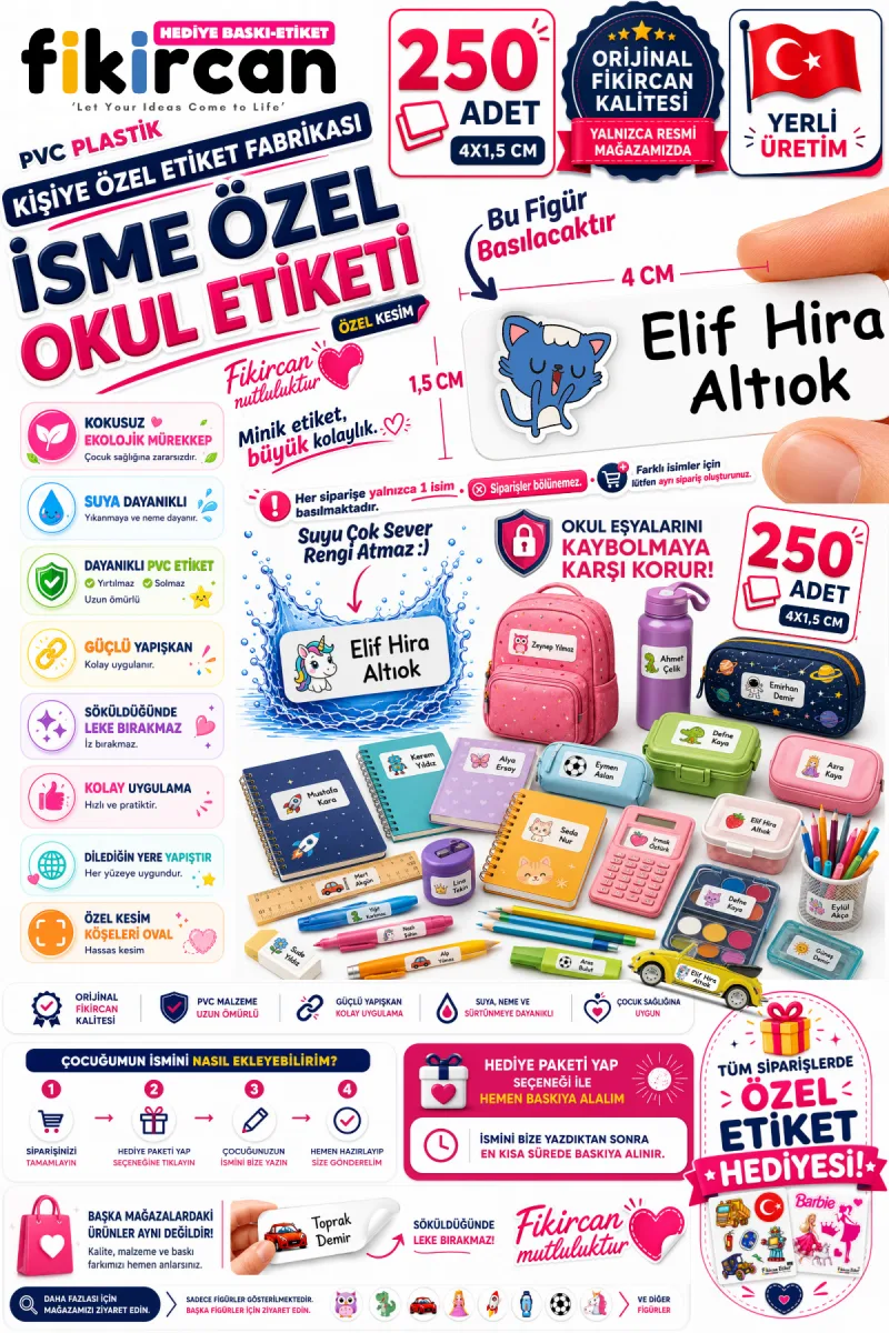 İsme Özel Okul Etiketi - 250 Adet - 1.5 x 4 cm - PVC Etiket - FİGÜR 39