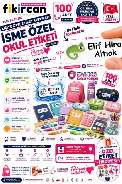 İsme Özel Okul Etiketi - 100 Adet - 1.5 x 4 cm - PVC Etiket - FİGÜR 120