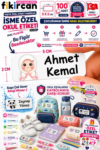 İsme Özel Okul Etiketi - 100 Adet - 5 x 2 cm - PVC Etiket - FİGÜR 137
