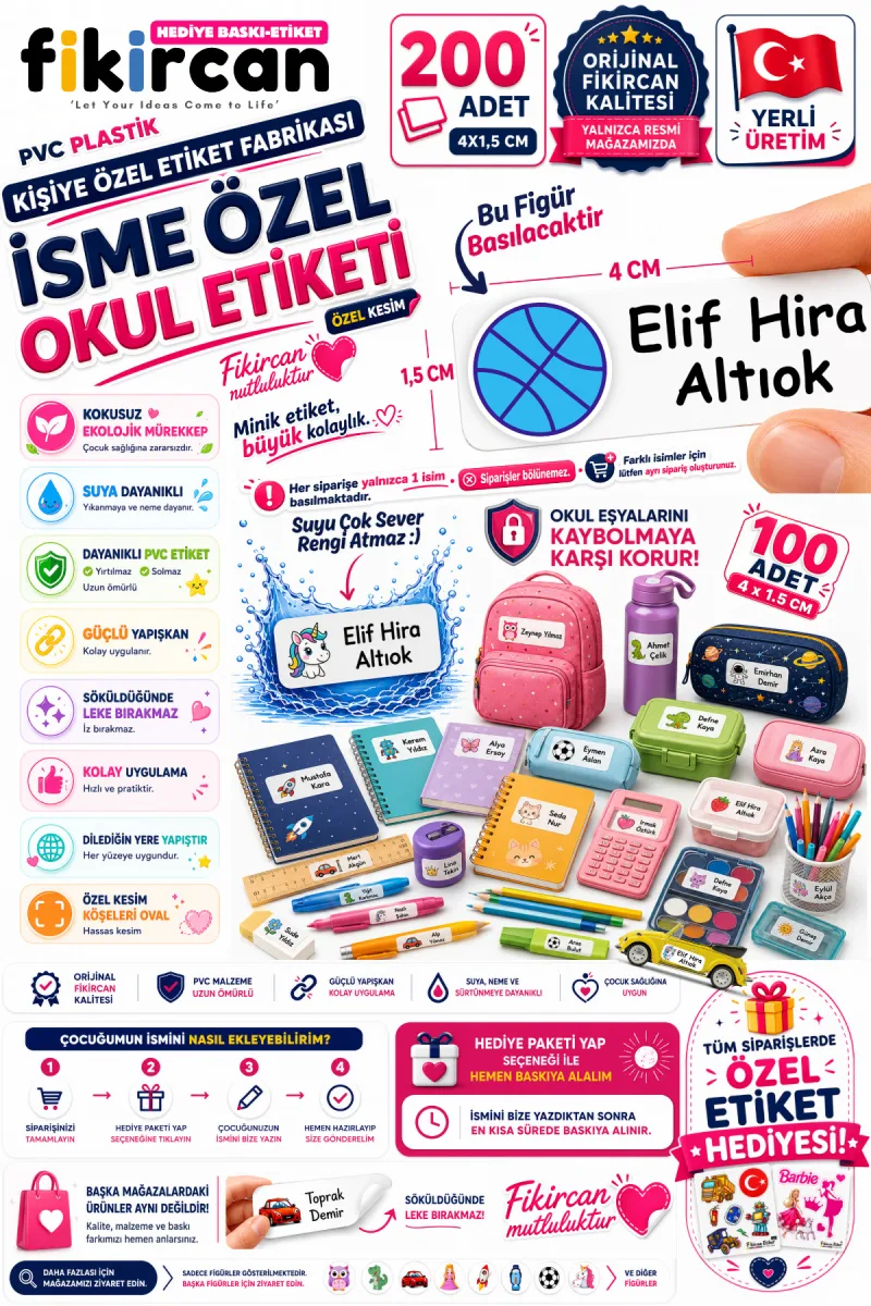 İsme Özel Okul Etiketi - 200 Adet - 1,5 x 4 cm - PVC Etiket - - FİGÜR 82 — fotoğraf 1