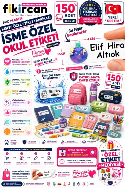 İsme Özel Okul Etiketi - 150 Adet - 1.5 x 4 cm - PVC Etiket - FİGÜR 12