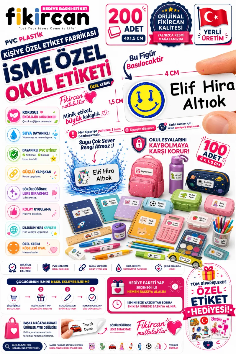 İsme Özel Okul Etiketi - 200 Adet - 1,5 x 4 cm - PVC Etiket - - FİGÜR 45 — fotoğraf 1
