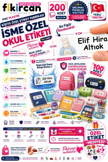 İsme Özel Okul Etiketi - 200 Adet - 1,5 x 4 cm - PVC Etiket - - FİGÜR 123