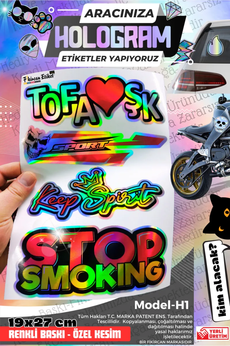 Fikircan-Hologram Etiket- Araba ve Motorsiklet Cam ve Kaporta Uyumlu Renkli Baskı Özel Kesim Sticker — fotoğraf 1
