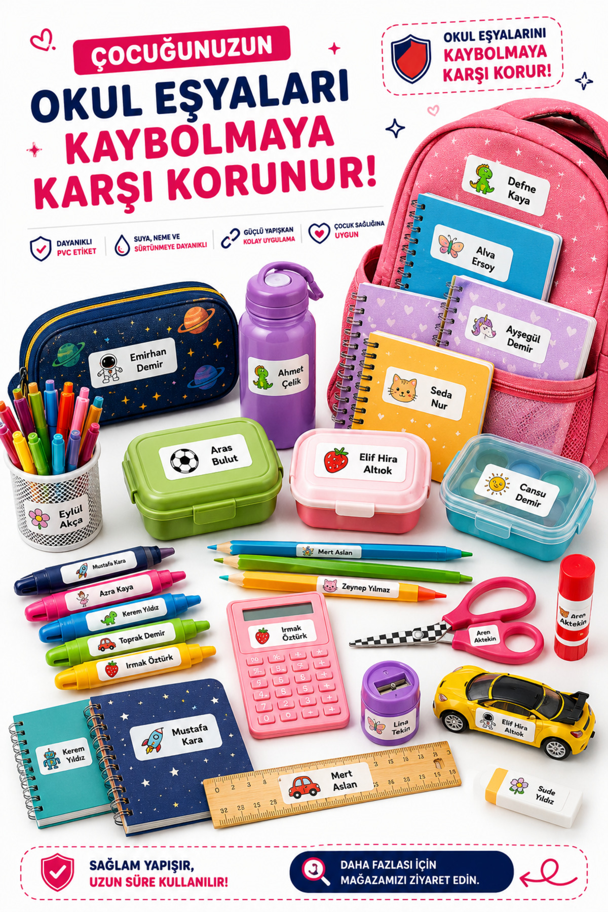 İsme Özel Okul Etiketi - 300 Adet - 1.5 x 4 cm - PVC Etiket - FİGÜR 65 — fotoğraf 3