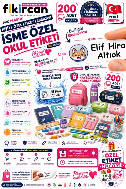 İsme Özel Okul Etiketi - 200 Adet - 1.5 x 4 cm - PVC Etiket - FİGÜR 114