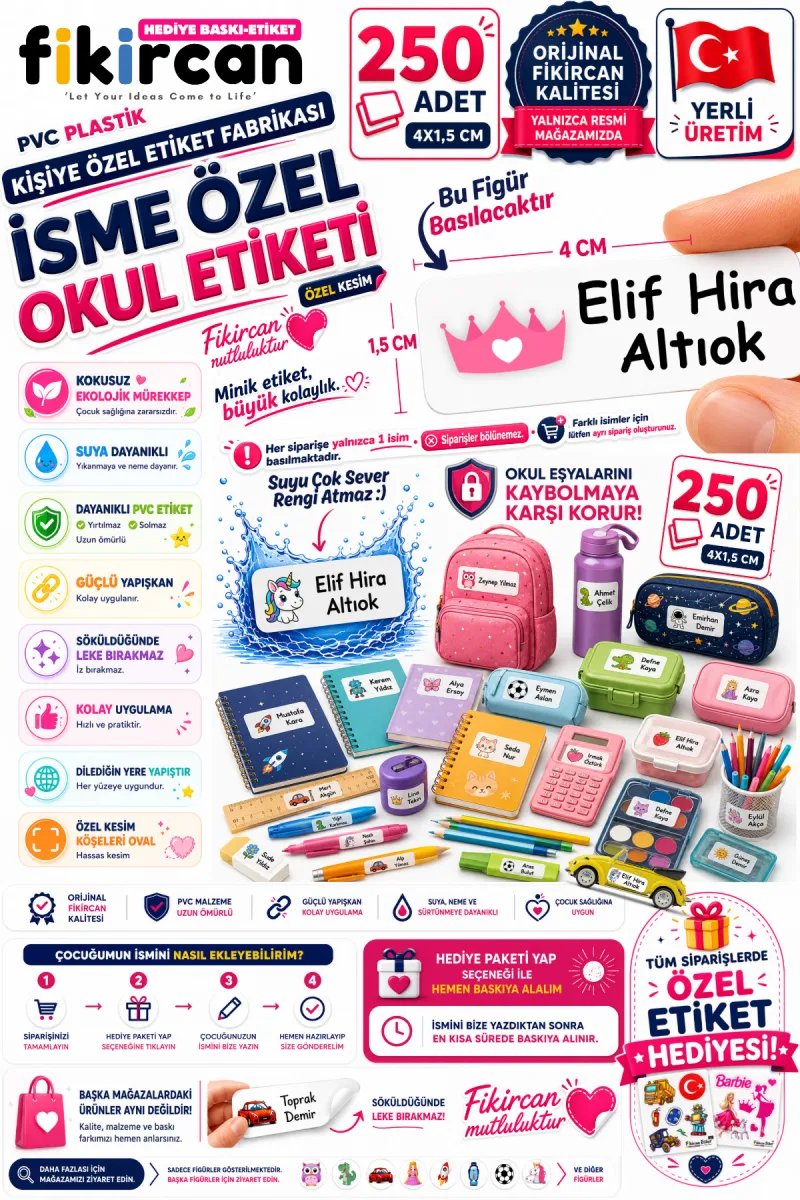 İsme Özel Okul Etiketi - 250 Adet - 1.5 x 4 cm - PVC Etiket - FİGÜR 25
