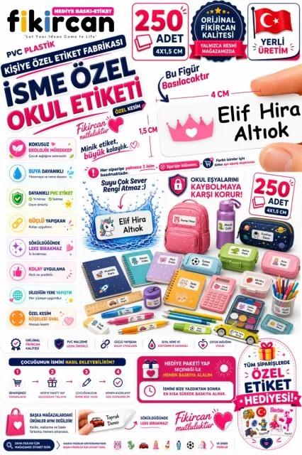 İsme Özel Okul Etiketi - 250 Adet - 1.5 x 4 cm - PVC Etiket - FİGÜR 25