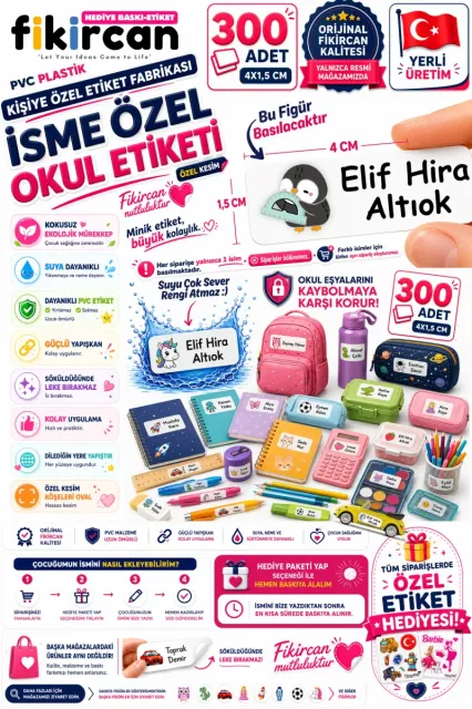 İsme Özel Okul Etiketi - 300 Adet - 1.5 x 4 cm - PVC Etiket - FİGÜR 66