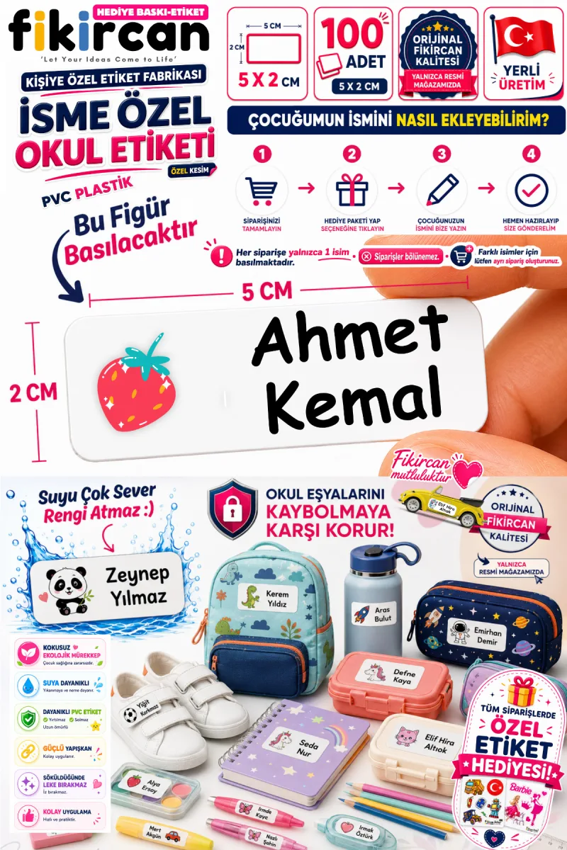 İsme Özel Okul Etiketi - 100 Adet - 5 x 2 cm - PVC Etiket - FİGÜR 31