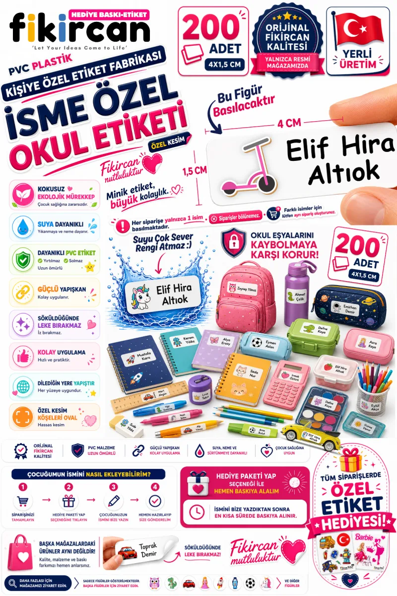 İsme Özel Okul Etiketi - 200 Adet - 1.5 x 4 cm - PVC Etiket - FİGÜR 128 1453260717267