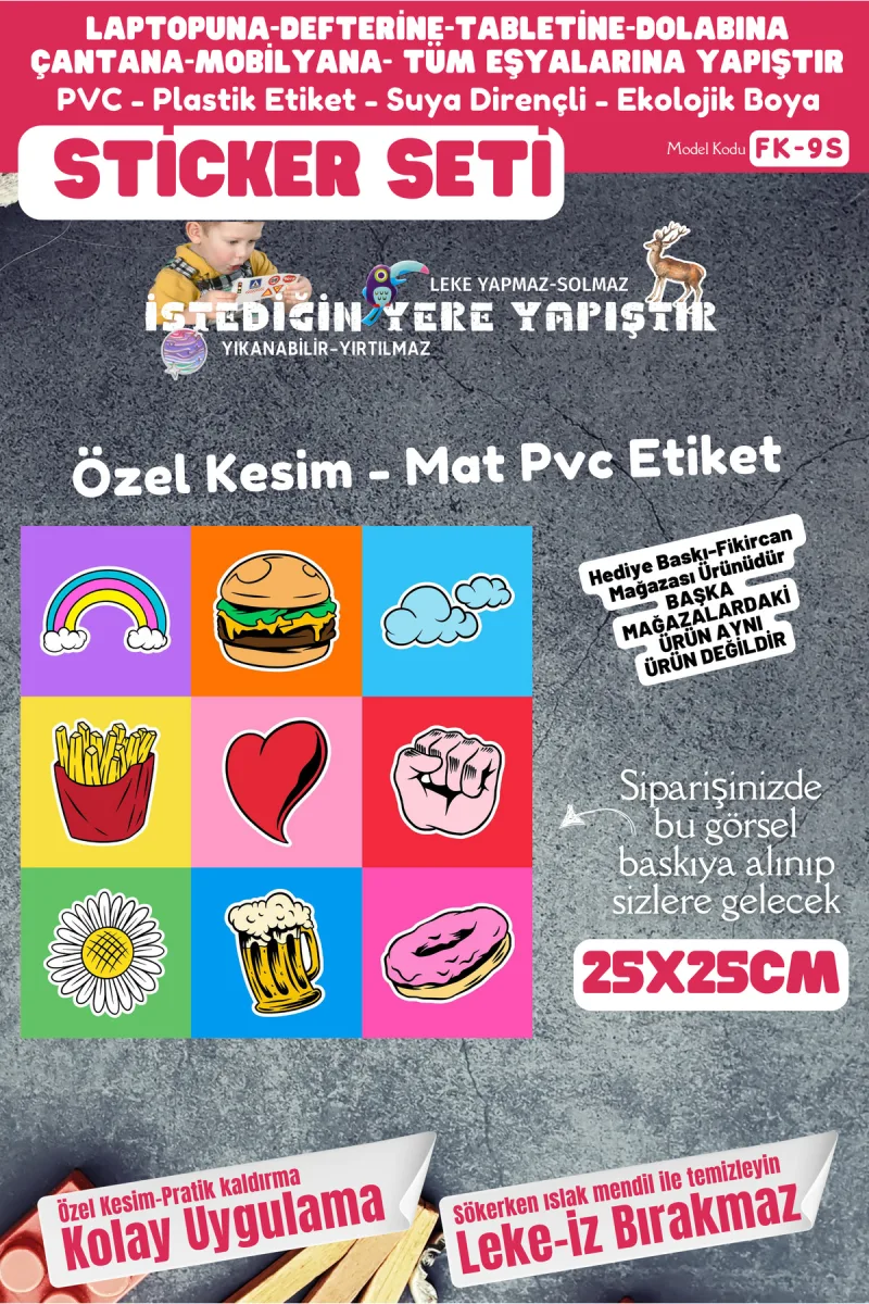 Fikircan Etiket Seti 25x25cm Pvc Sticker -Defter-Laptop-Tablet-Telefon-Dolap-Cam vb Her yere Yapışır — fotoğraf 1