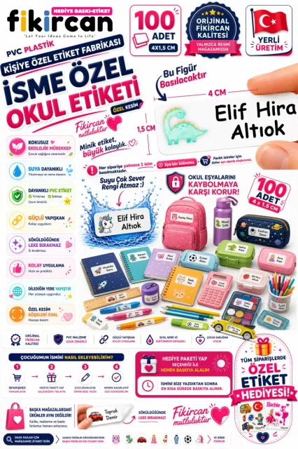 İsme Özel Okul Etiketi - 100 Adet - 1.5 x 4 cm - PVC Etiket - FİGÜR 40