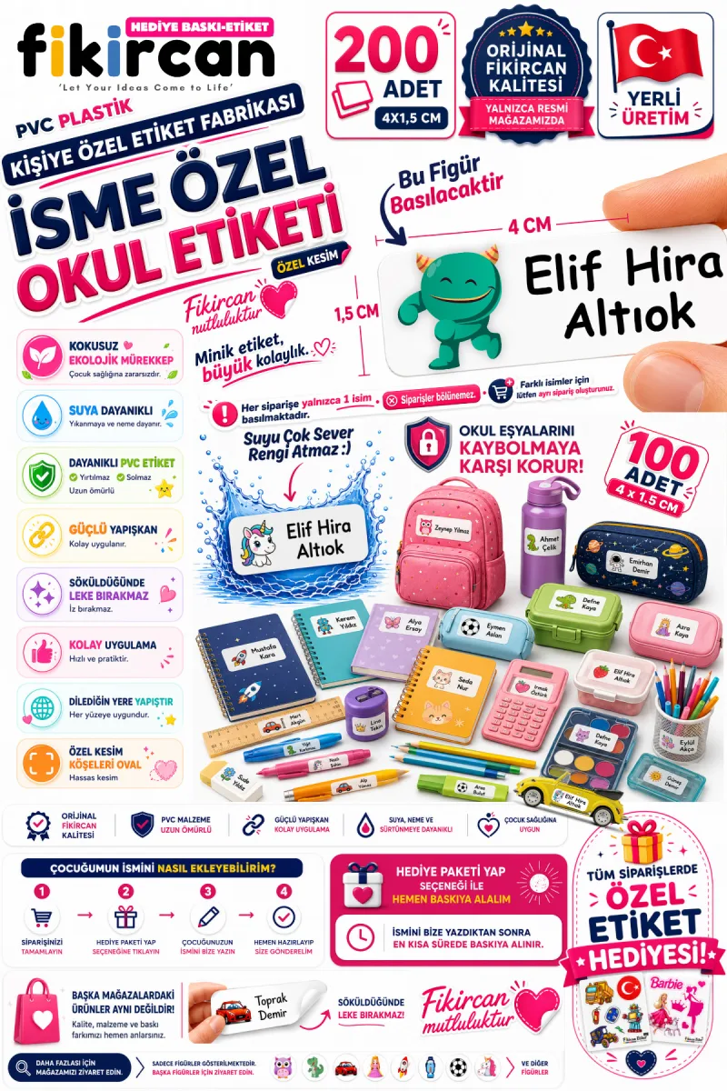 İsme Özel Okul Etiketi - 200 Adet - 1,5 x 4 cm - PVC Etiket - - FİGÜR 19 — fotoğraf 1