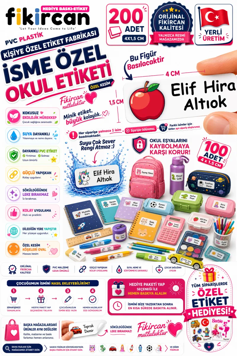 İsme Özel Okul Etiketi - 200 Adet - 1,5 x 4 cm - PVC Etiket - - FİGÜR 110 — fotoğraf 1