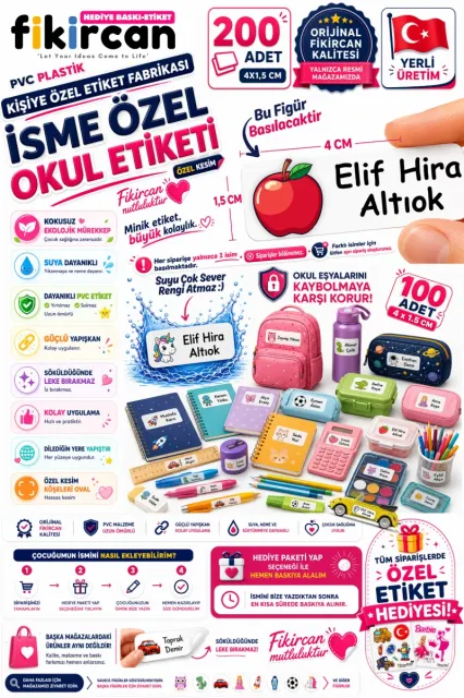 İsme Özel Okul Etiketi - 200 Adet - 1,5 x 4 cm - PVC Etiket - - FİGÜR 110