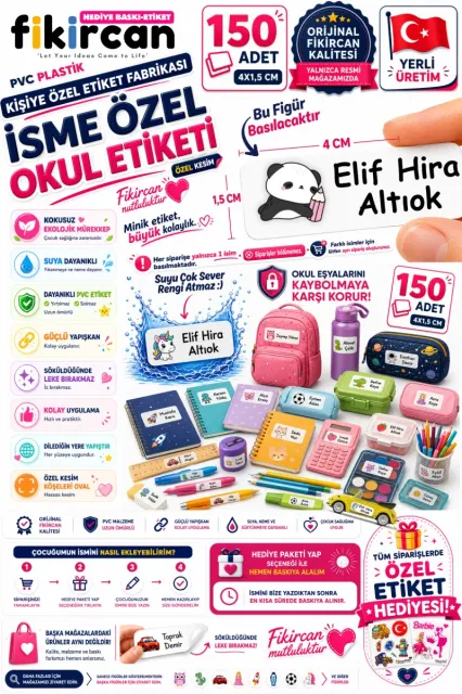 İsme Özel Okul Etiketi - 150 Adet - 1.5 x 4 cm - PVC Etiket - FİGÜR 65
