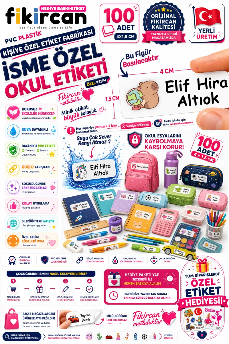 İsme Özel Okul Etiketi - 100 Adet - 1.5 x 4 cm - PVC Etiket - FİGÜR 49 — fotoğraf 1