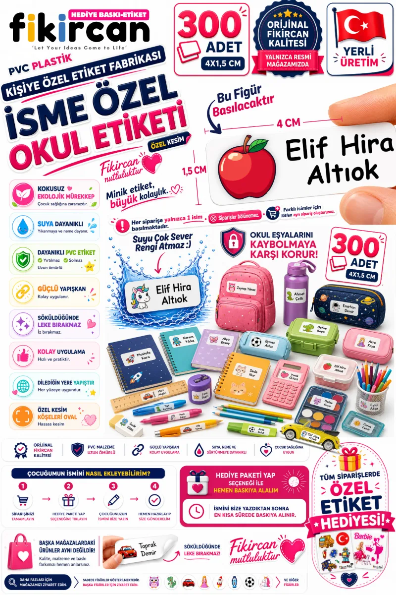 İsme Özel Okul Etiketi - 300 Adet - 1.5 x 4 cm - PVC Etiket - FİGÜR 110