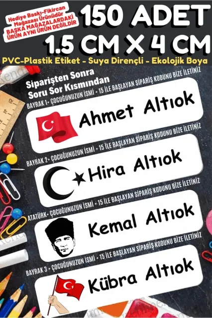 -isme Özel Okul Etiket Seti Bayrak-atatürk-150 Adet - Kokusuz Ekolojik Mürekkep Pvc Etiket