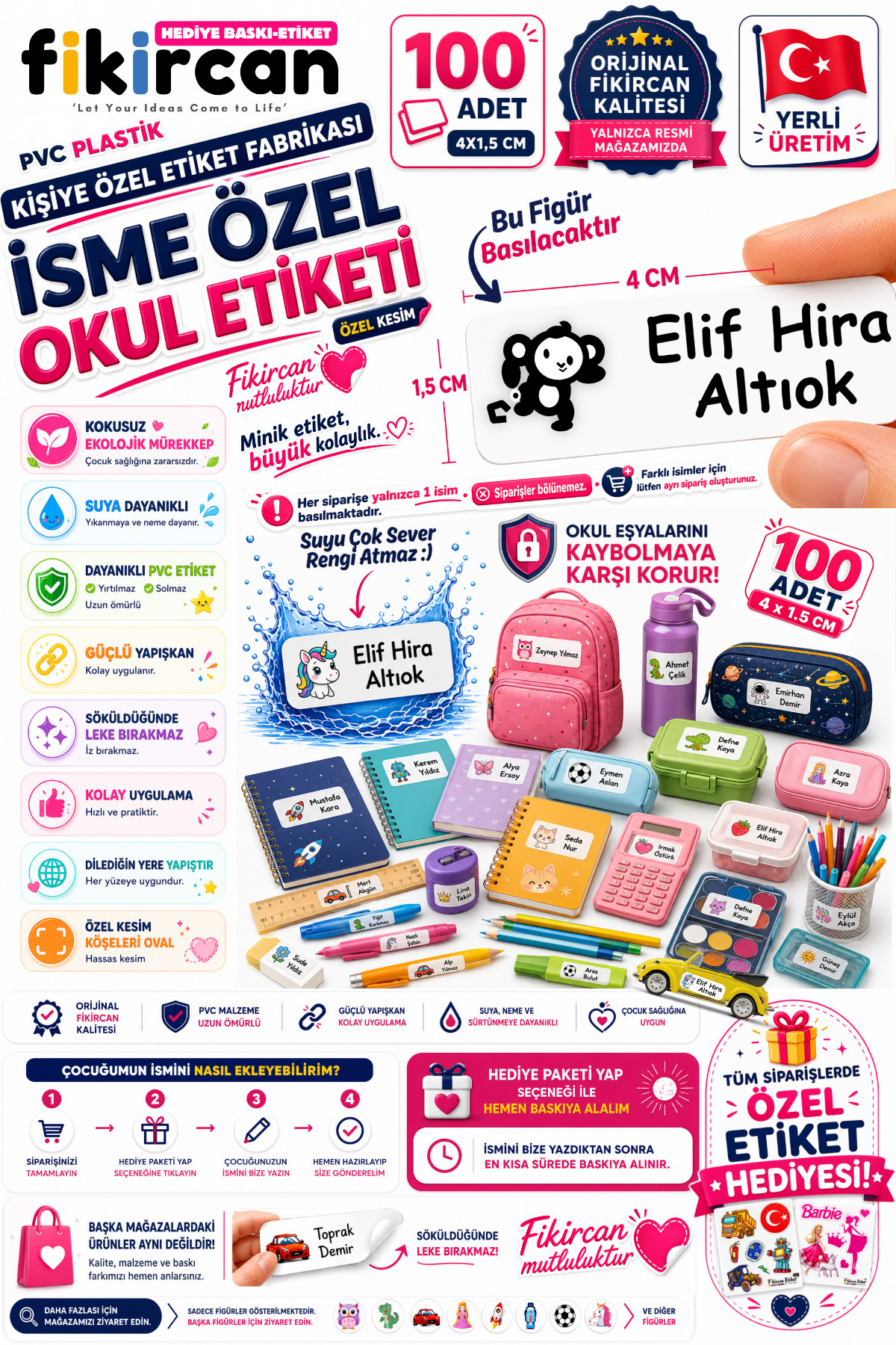İsme Özel Okul Etiketi - 100 Adet - 1.5 x 4 cm - PVC Etiket - FİGÜR 16