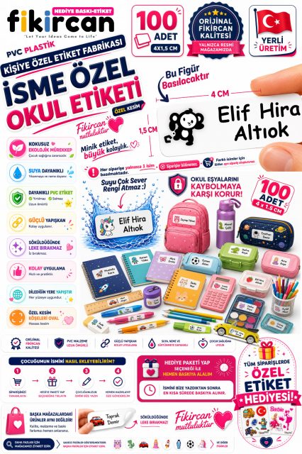 İsme Özel Okul Etiketi - 100 Adet - 1.5 x 4 cm - PVC Etiket - FİGÜR 16