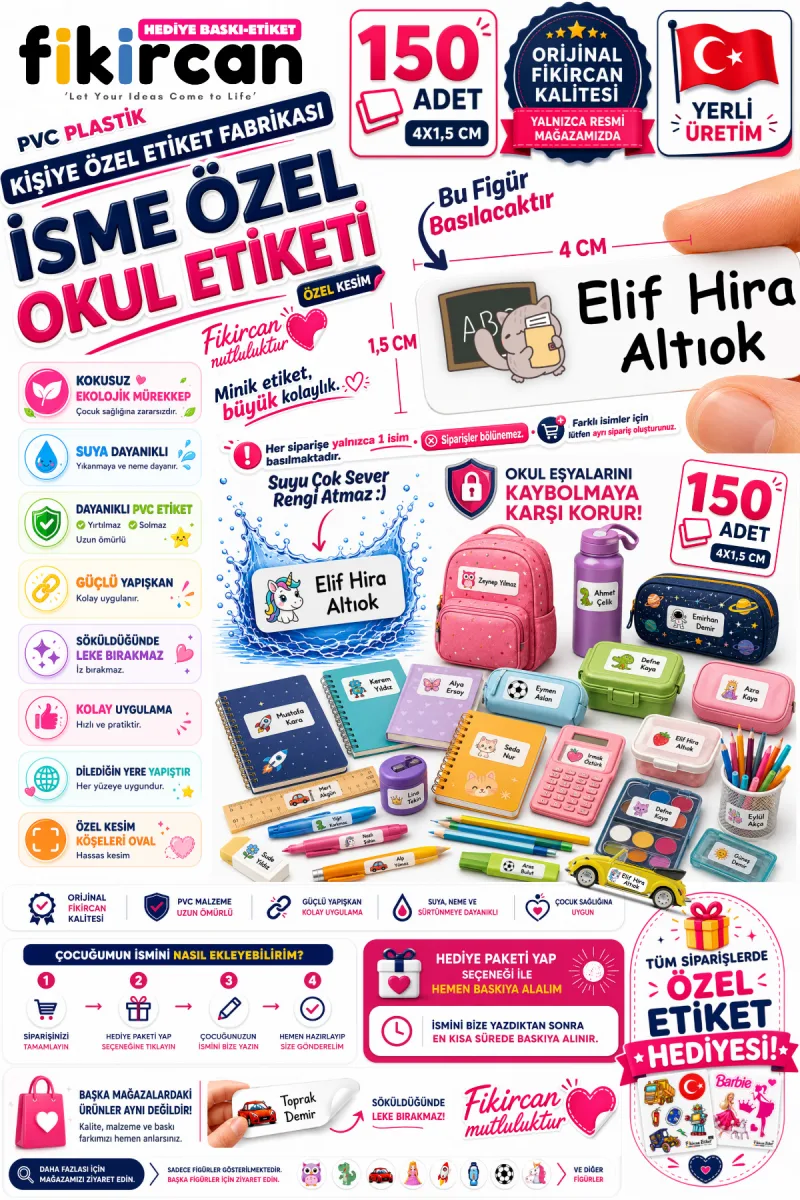 İsme Özel Okul Etiketi - 150 Adet - 1.5 x 4 cm - PVC Etiket - FİGÜR 55