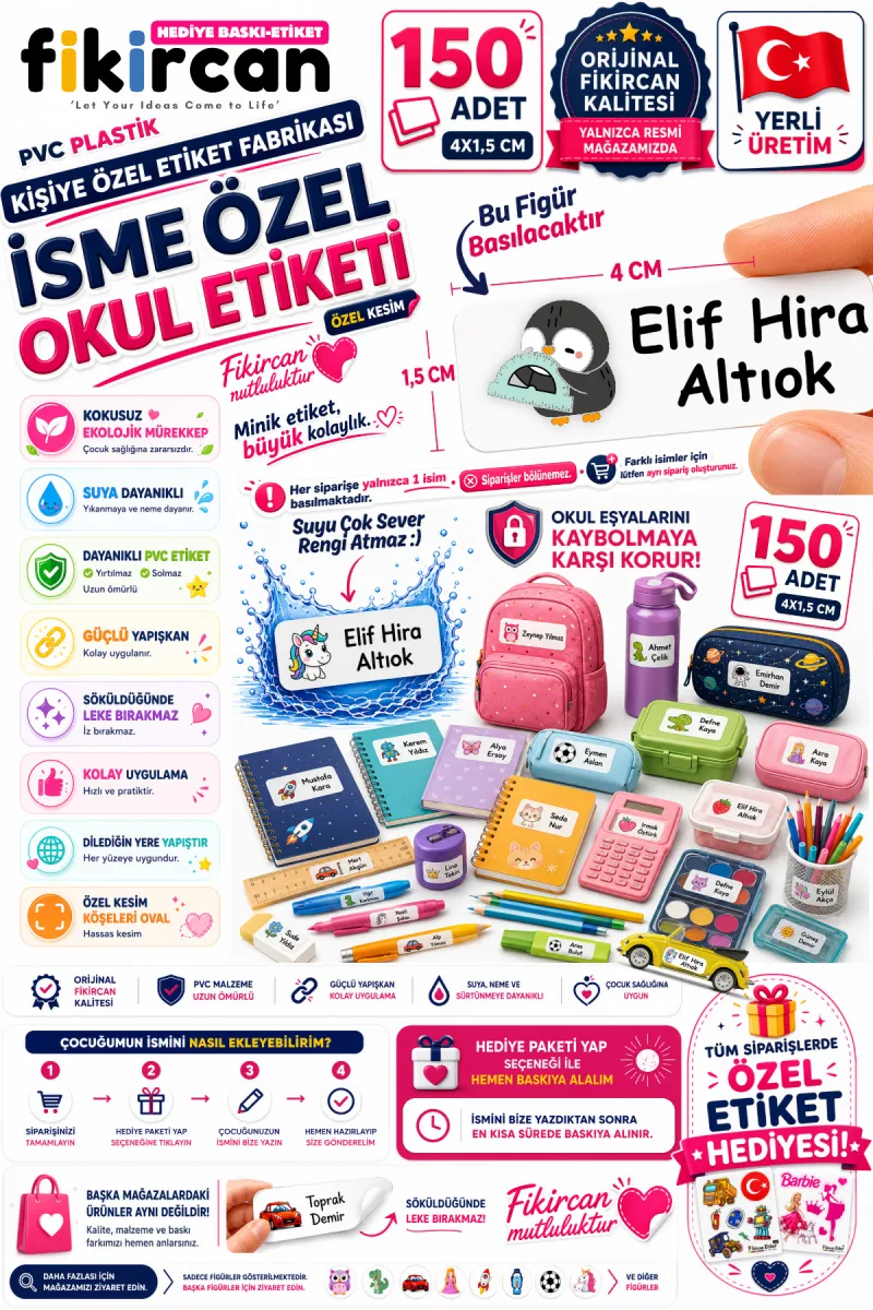 İsme Özel Okul Etiketi - 150 Adet - 1.5 x 4 cm - PVC Etiket - FİGÜR 66