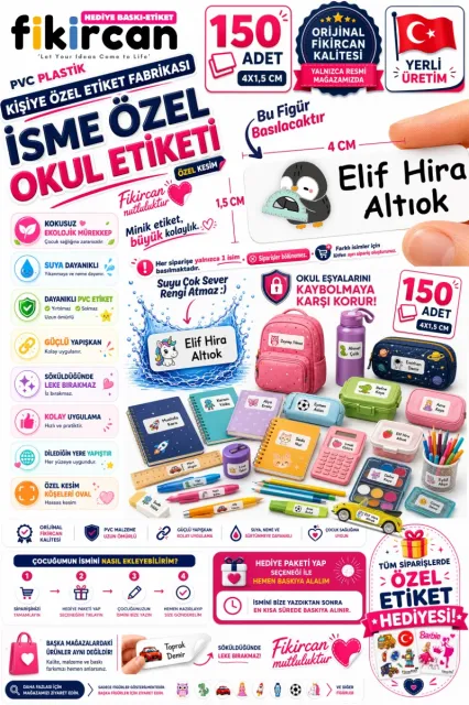 İsme Özel Okul Etiketi - 150 Adet - 1.5 x 4 cm - PVC Etiket - FİGÜR 66