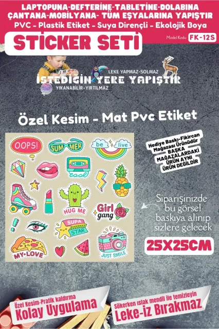 Fikircan Etiket Seti 25x25cm Pvc Sticker -Defter-Laptop-Tablet-Telefon-Dolap-Cam vb Her yere Yapışır
