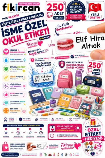 İsme Özel Okul Etiketi - 250 Adet - 1.5 x 4 cm - PVC Etiket - FİGÜR 44