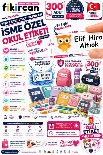 İsme Özel Okul Etiketi - 300 Adet - 1.5 x 4 cm - PVC Etiket - FİGÜR 119