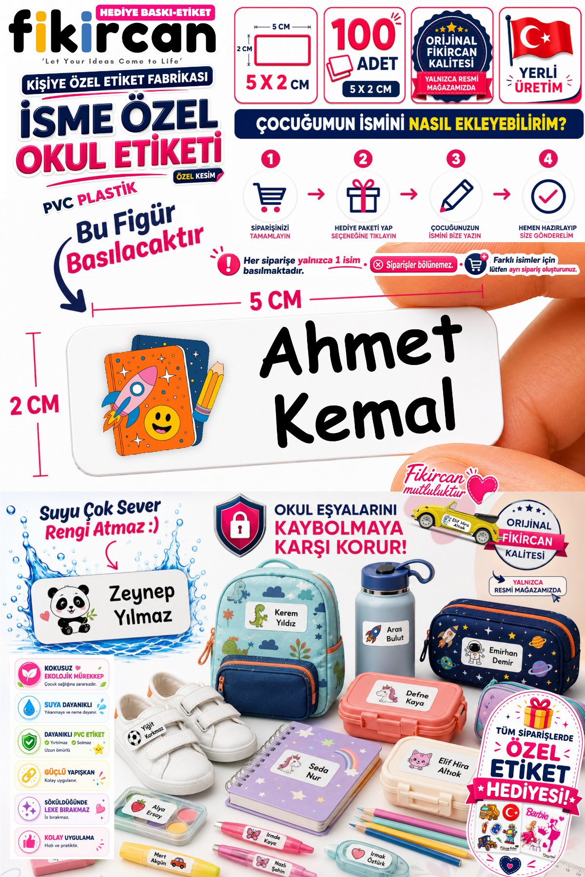 İsme Özel Okul Etiketi - 100 Adet - 5 x 2 cm - PVC Etiket - FİGÜR 85
