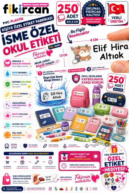İsme Özel Okul Etiketi - 250 Adet - 1.5 x 4 cm - PVC Etiket - FİGÜR 61